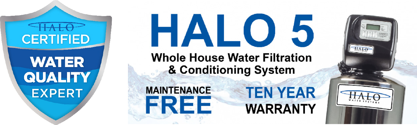 halo 5 whole house water filtration graphic indicating a ten year warranty with purchase