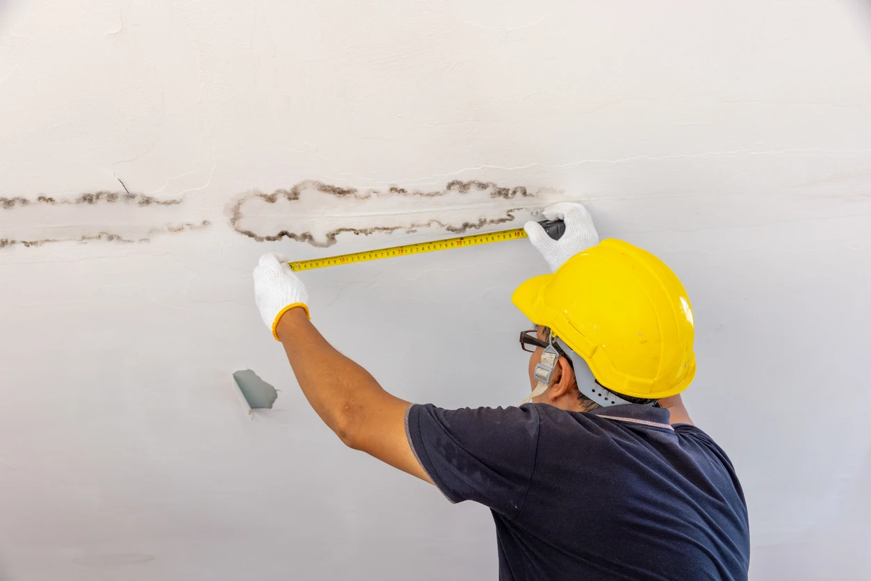 A plumber checking and measuring a leak.
