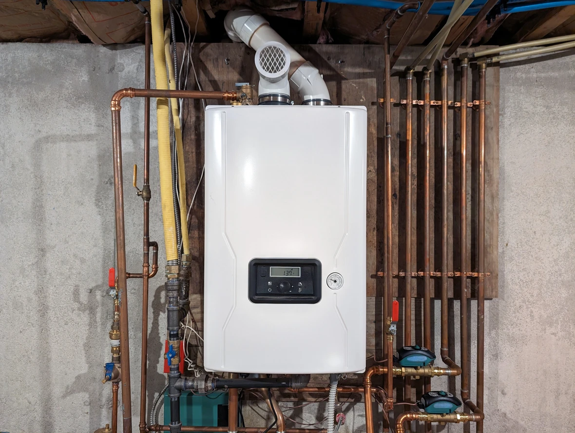 A water heater unit installed in a basement